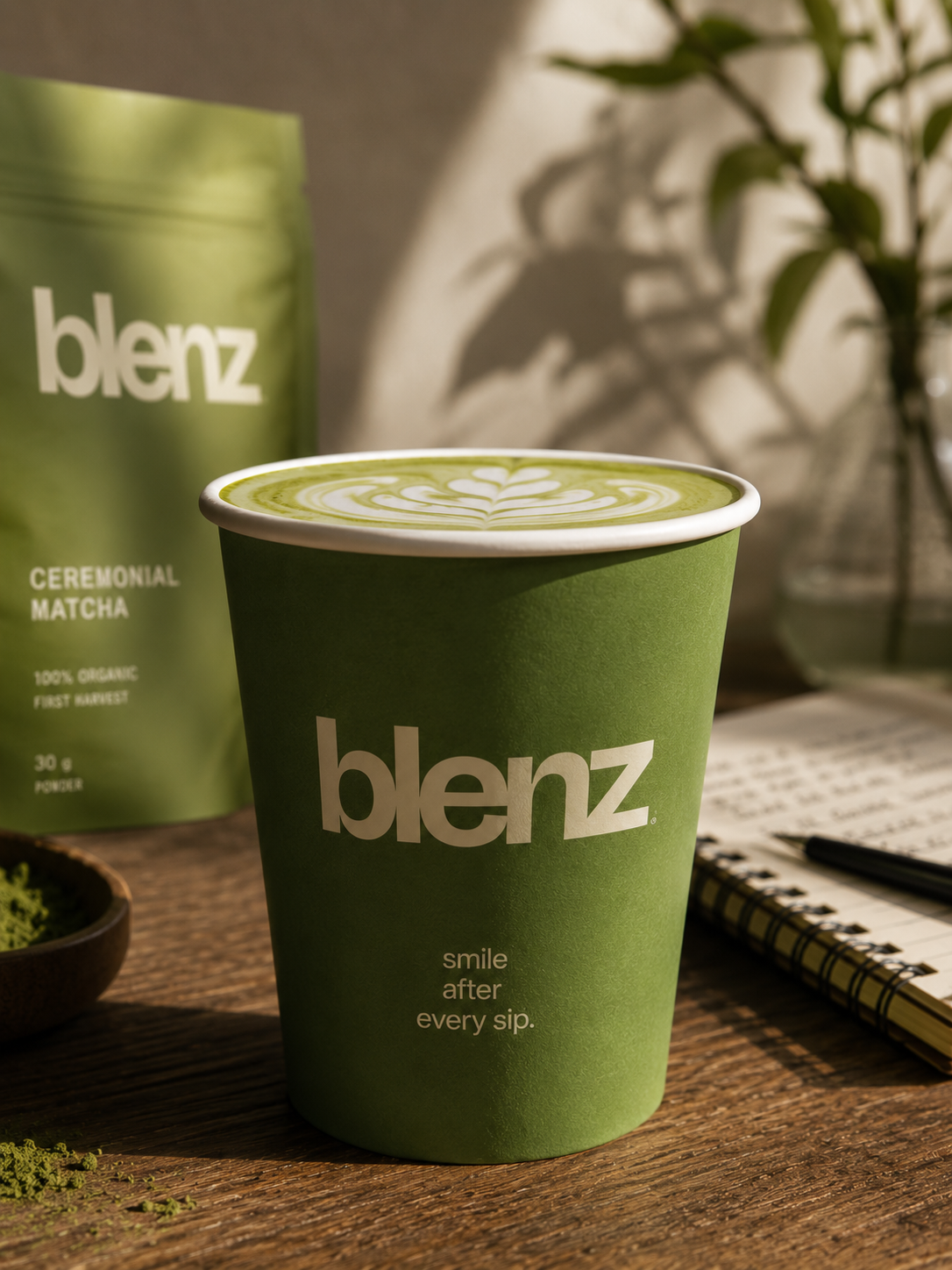 Matcha latte beside pastry, soft window light